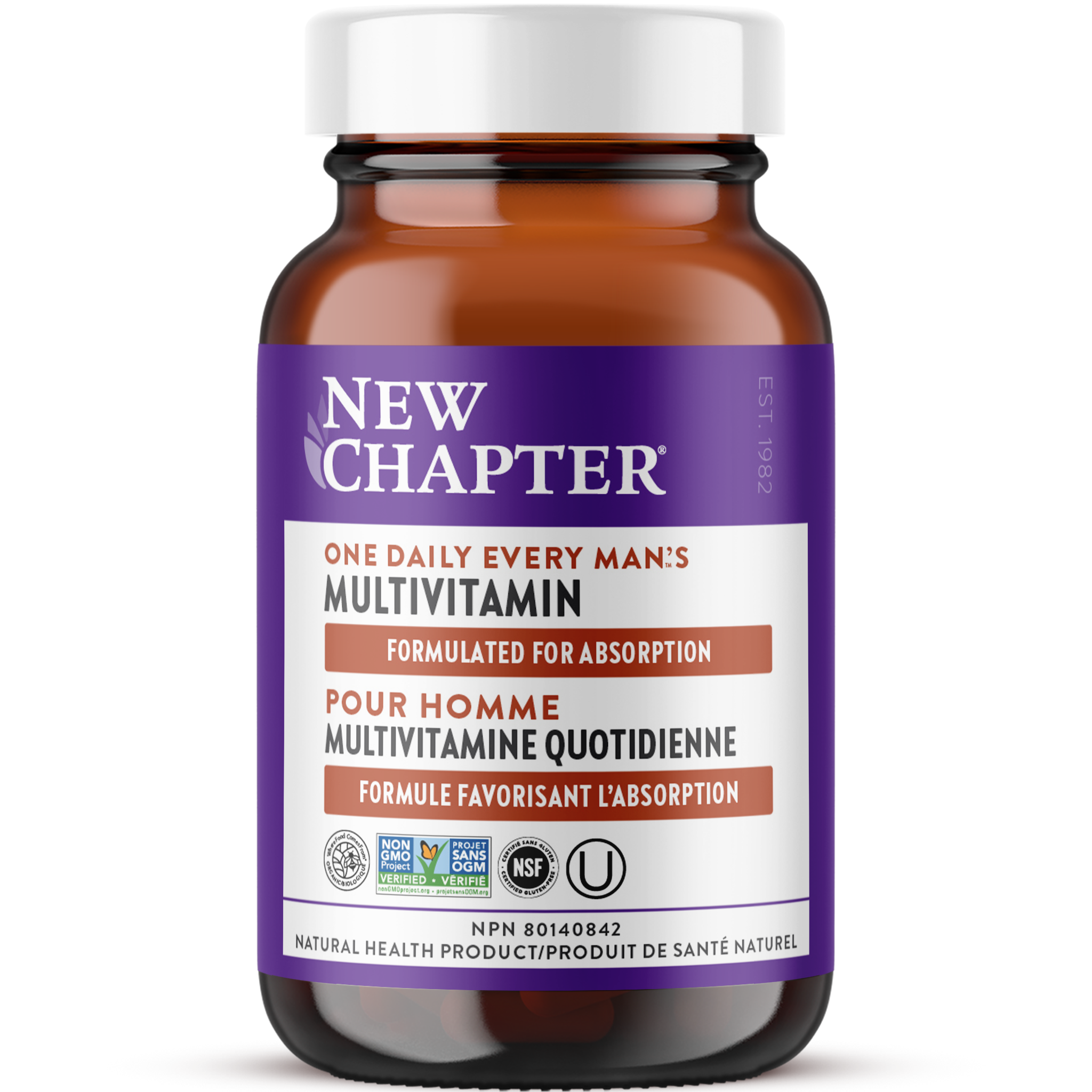 New Chapter Every Man's One Daily, Where Food Comes From Organic Certified, Non-GMO Project Verified, NSF Certified Gluten Free, Kosher Certified