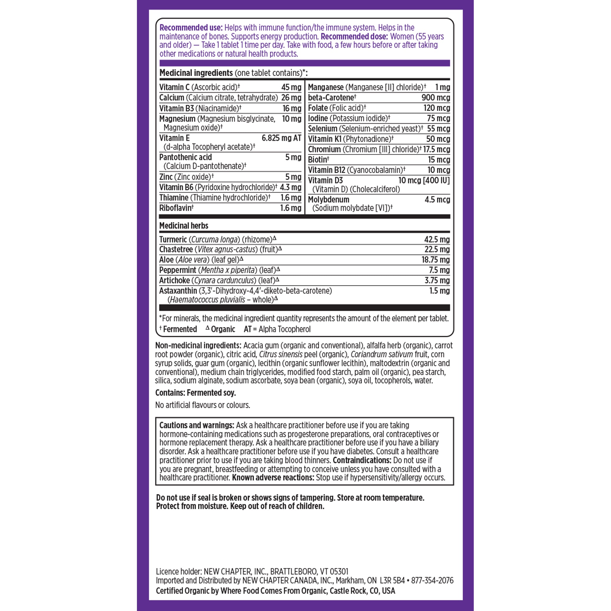 New Chapter One Daily Every Woman's Multivitamin 55+ Recommended Use & Supplement Facts