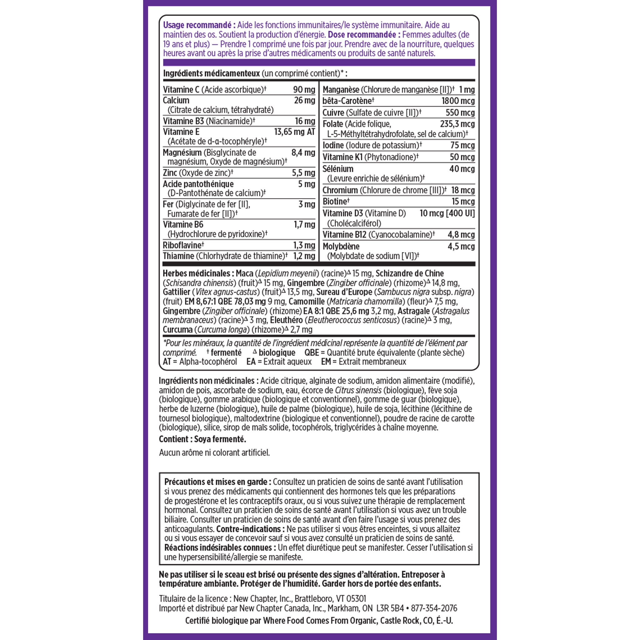 New Chapter Every Woman's One Daily, Where Food Comes From Organic Certified, Non-GMO Project Verified, NSF Certified Gluten-Free, Kosher Certified