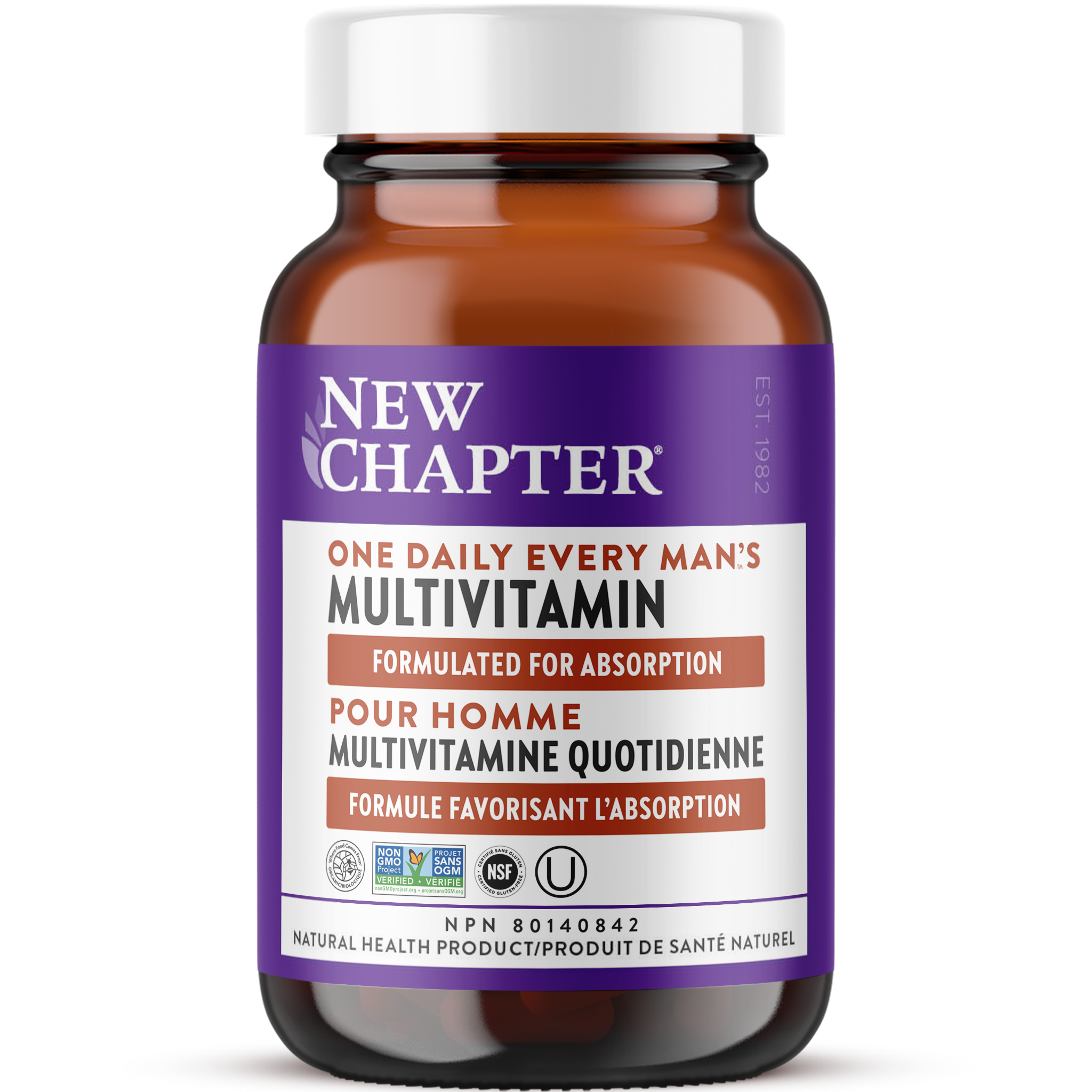 New Chapter Every Man's One Daily, Where Food Comes From Organic Certified, Non-GMO Project Verified, NSF Certified Gluten Free, Kosher Certified
