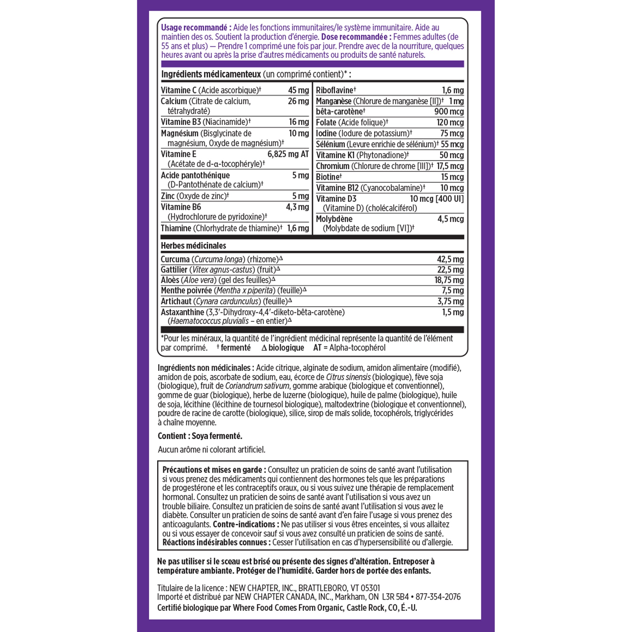 New Chapter One Daily Every Woman's Multivitamin 55+ Recommended Use & Supplement Facts