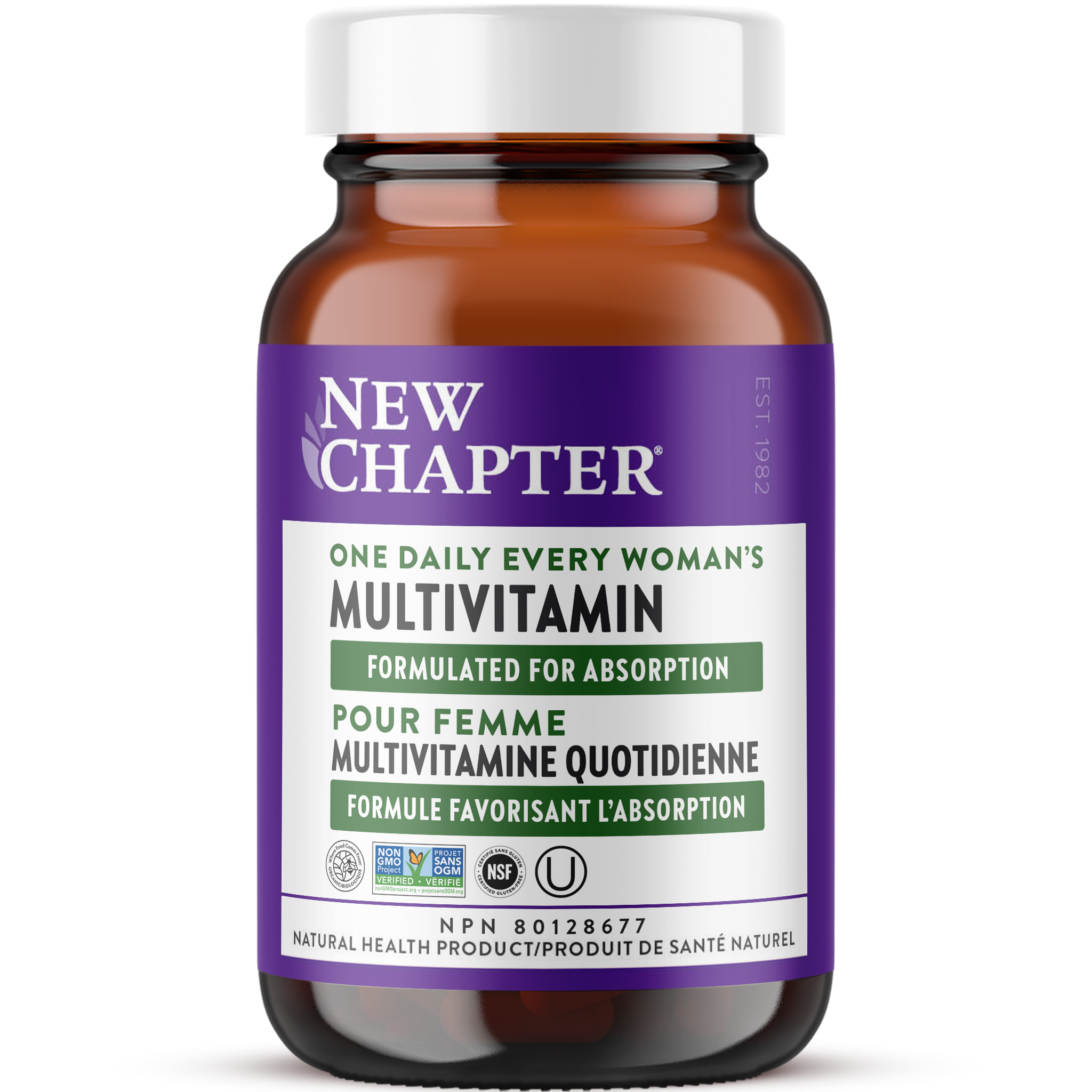 New Chapter Every Woman's One Daily, Where Food Comes From Organic Certified, Non-GMO Project Verified, NSF Certified Gluten-Free, Kosher Certified 
