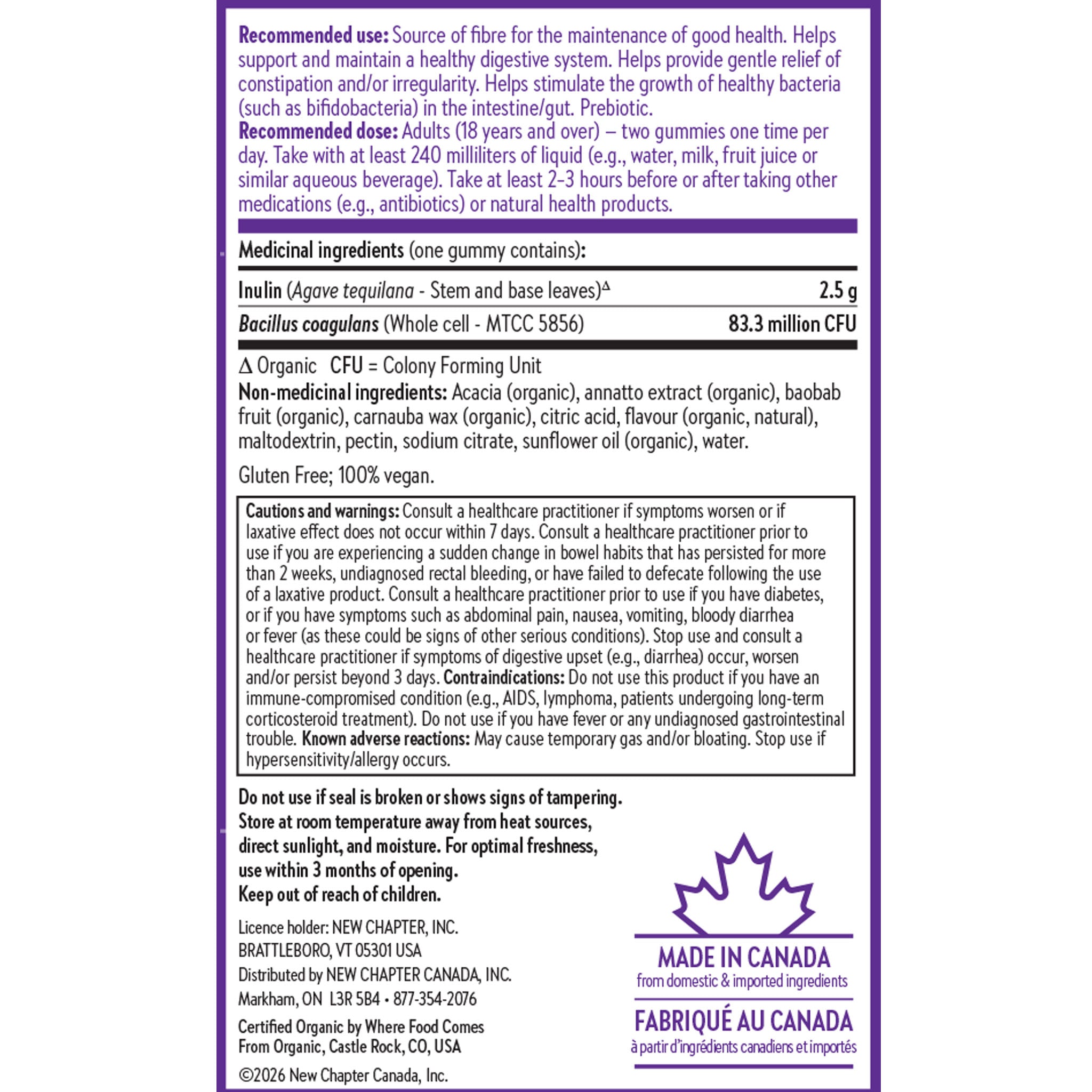 Medicinal and Non-Medicinal Ingredients, Recommended Dose: Adults 18 and over 2 gummies. Take with at least 240 milliliters of liquid. take at least 2-3 hours before or after taking other medications
A03